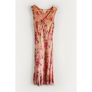 April Cornell Pink Floral Rayon Midi Dress Women L Sleeveless Boho Cottagecore